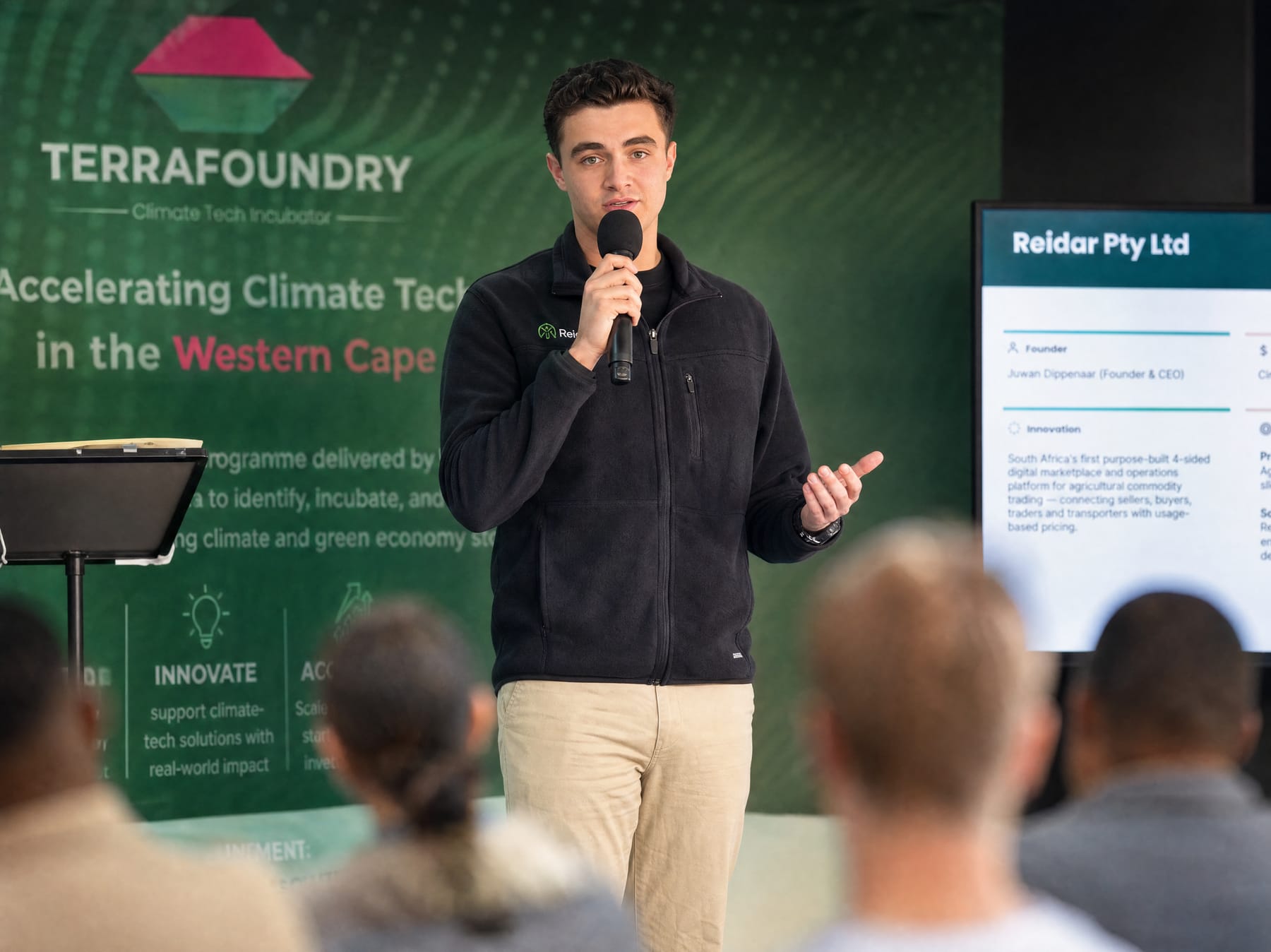 Reidar founder Juwan Dippenaar pitching at the FSAT Labs TerraFoundry climate-tech programme launch in the Western Cape